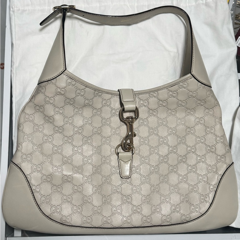 Gucci Beige GG Monogram Shoulder Hobo with Gold Hardware